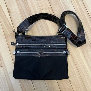 Brighton Black Crossbody with Dark Brown Croc-Embossed Leather. Go Go Collection